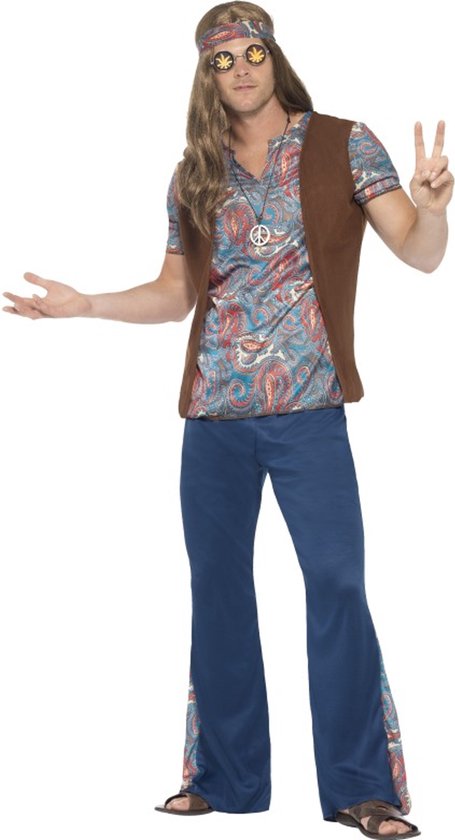 SMIFFYS - Blauw hippie peace kostuum voor mannen - S - Volwassenen kostuums