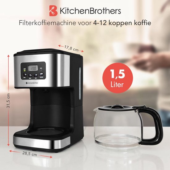 KitchenBrothers Koffiezetapparaat - Filterkoffie - met Glazen Kan - 12 Koppen - Zwart/RVS