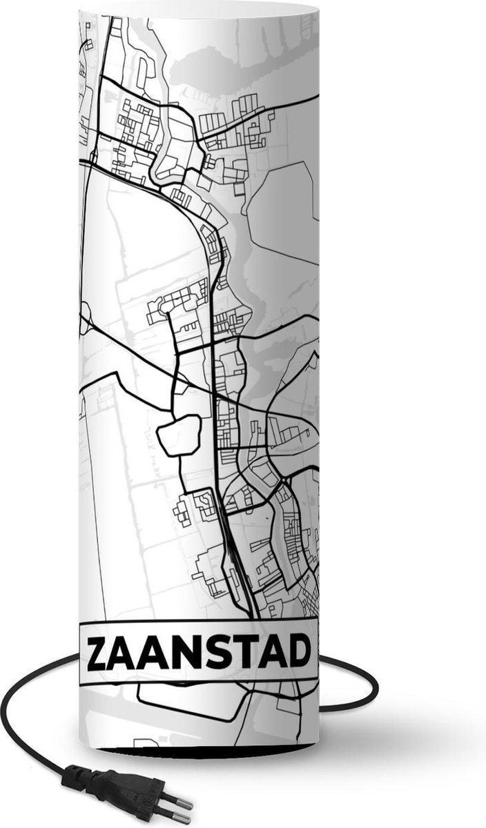 Lamp - Nachtlampje - Tafellamp slaapkamer - Stadskaart Nederlandse stad Zaanstad in zwart-wit - 50 cm hoog - Ø15.9 cm - Inclusief LED lamp - Plattegrond