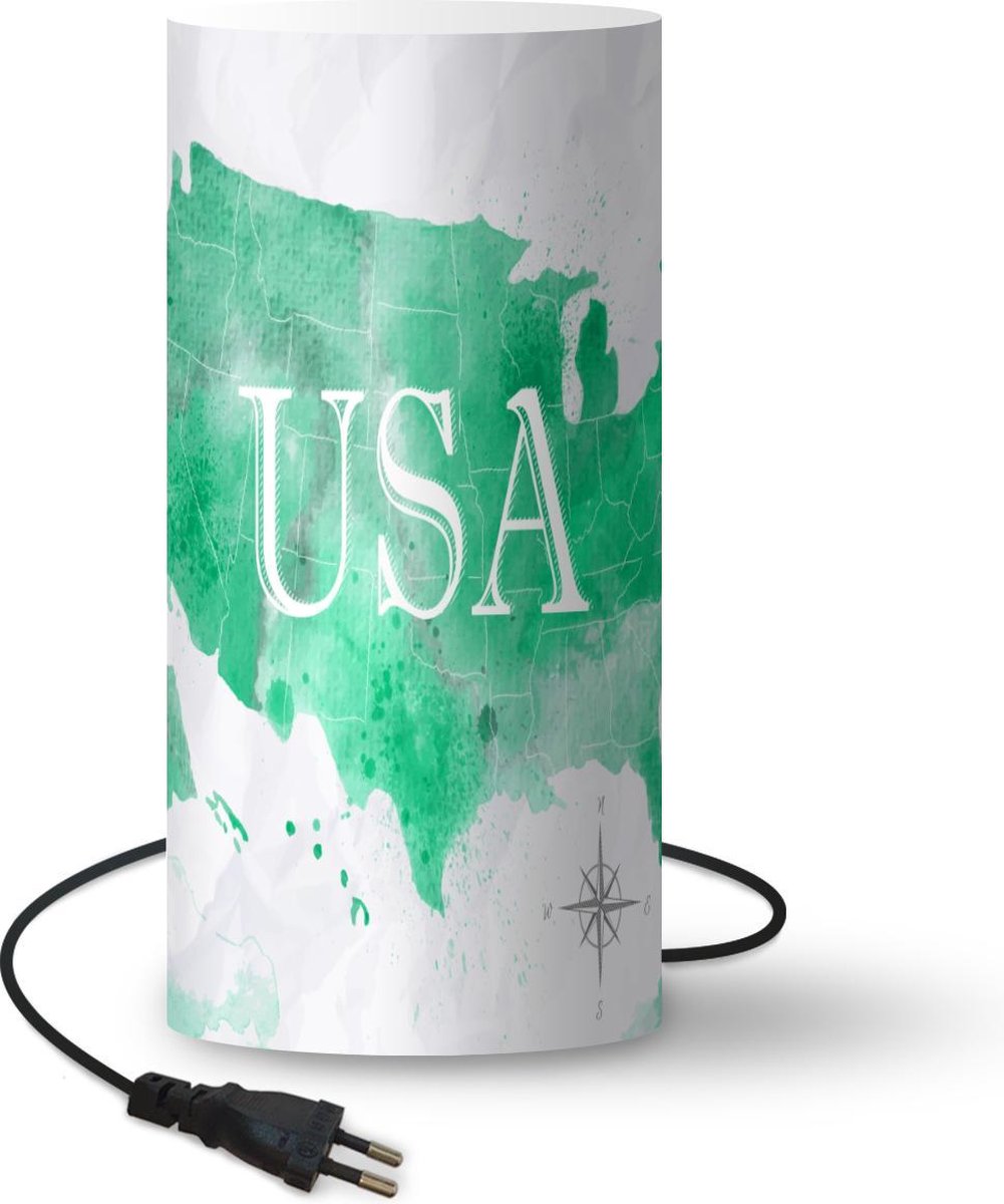 Lamp - Nachtlampje - Tafellamp slaapkamer - Wereldkaart - Verenigde Staten - Groen - 54 cm hoog - Ø24.8 cm - Inclusief LED lamp