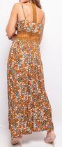 Lange jurk met bloemenprint & doorschijnende middel | bruin | maat L