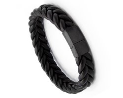Victorious Gevlochten Leren Armband Heren – RVS Roestvrijstaal Sluiting – Zwart – 23cm