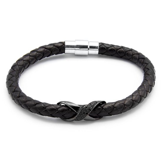 Bracelet tressé en cuir noir avec un symbole infinity orné de petites pierres noires.