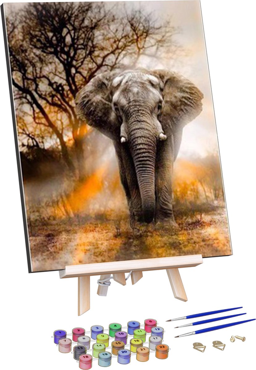 Rubye® Schilderen Op Nummer Volwassenen - Machtige Olifant - Met Frame, Schildersezel en Penselen - Canvas Schildersdoek - Kleuren op Nummer - 40x50cm