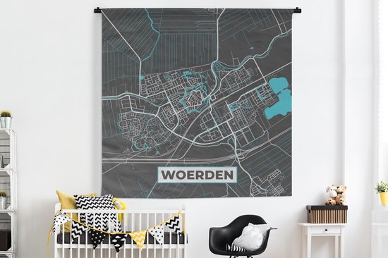Wandkleed - Wanddoek - Plattegrond - Woerden - Grijs - Blauw - 180x180 cm - Wandtapijt - Stadskaart