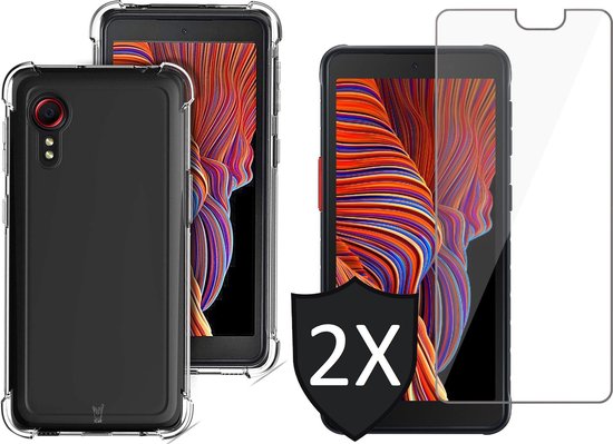 Coque noire aux bords transparents, à côté d'un smartphone avec fond d'écran coloré et d'un protecteur d'écran.