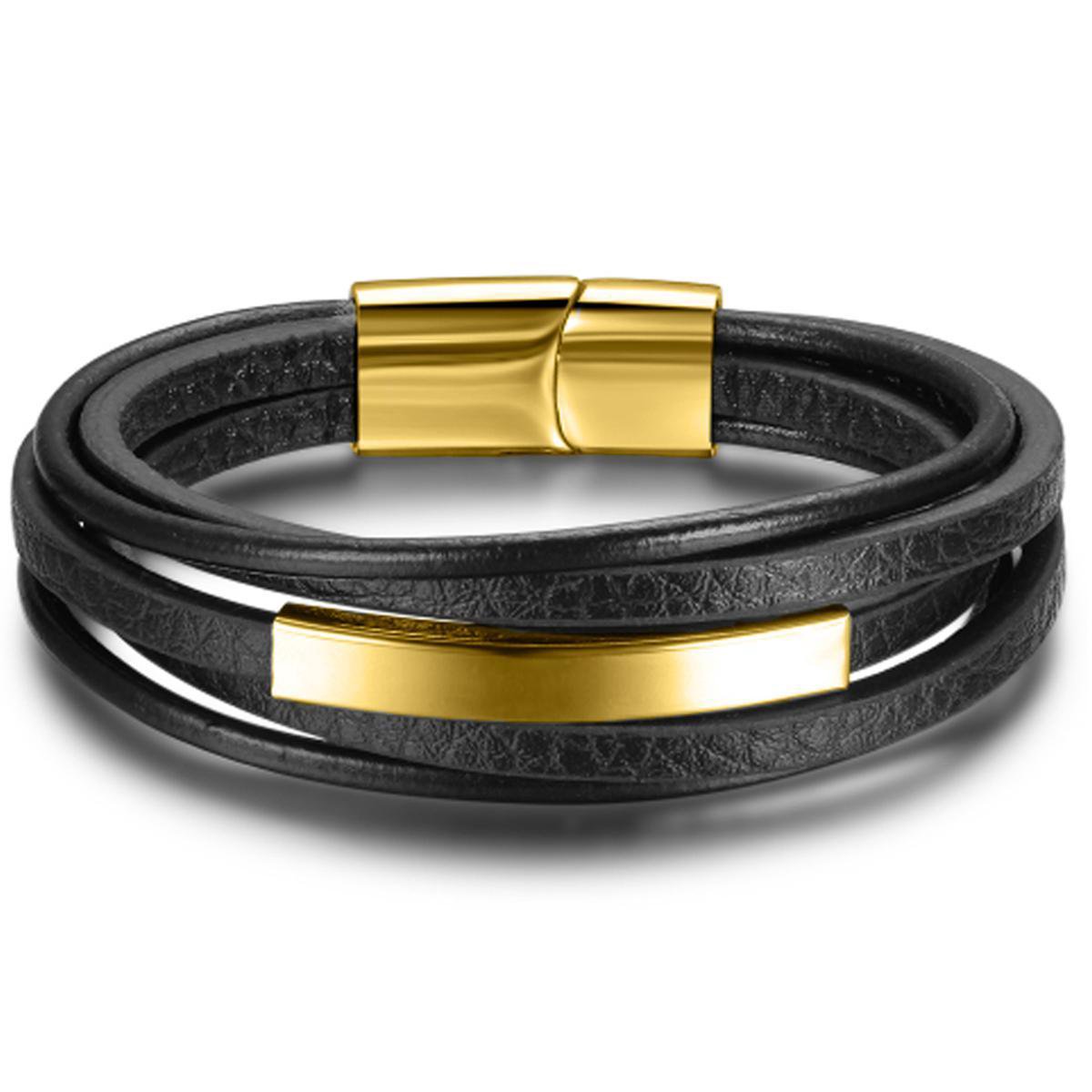 Victorious Leren Armband Heren – Zwarte Stroken Leer & Gouden Elementen – Goud/Zwart – 19cm