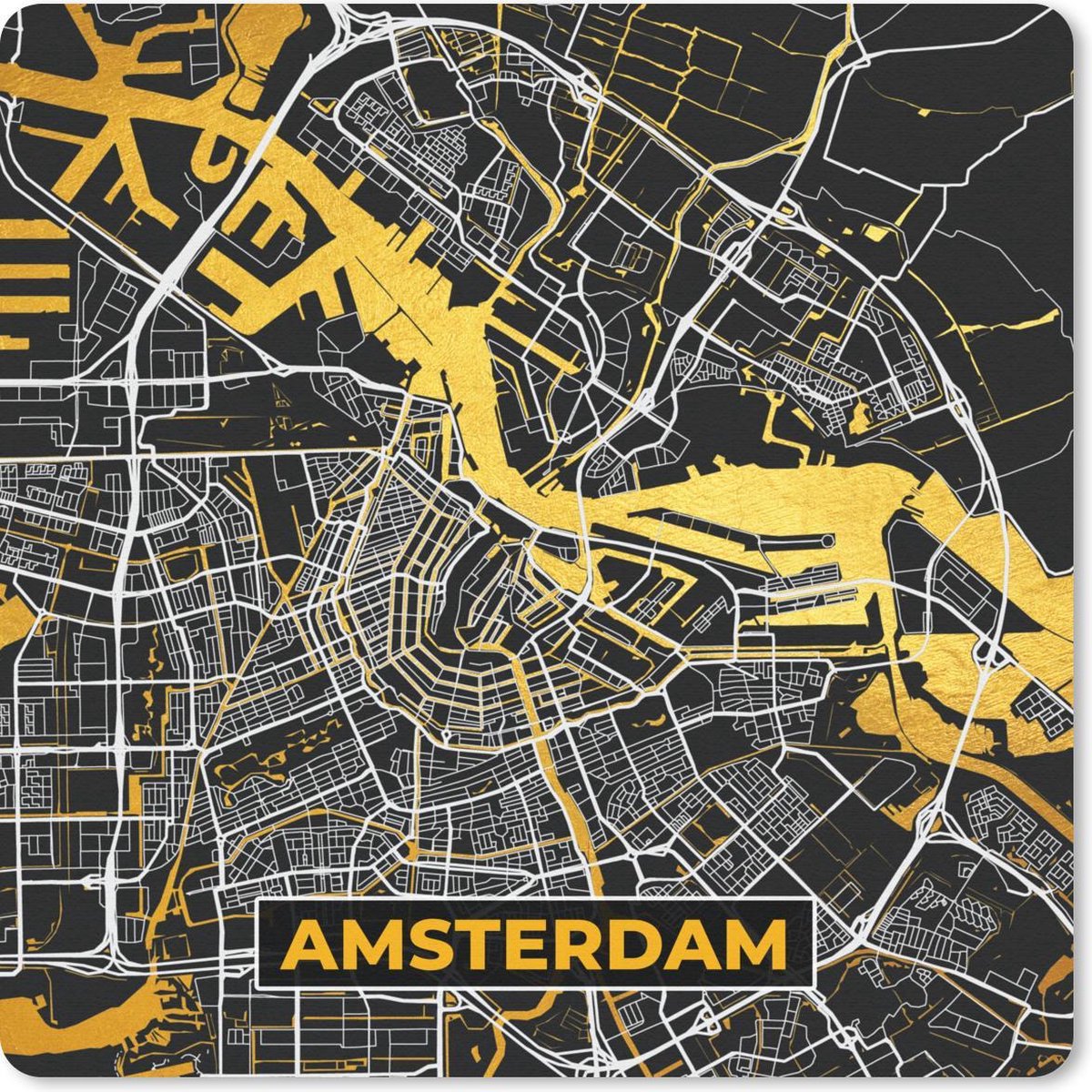 Muismat 20x20 cm - Mousepad Stadskaart - Amsterdam - Goud - Zwart - Muismatten