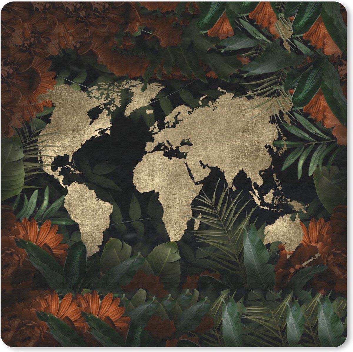Muismat 20x20 cm - Mousepad Wereldkaart - Retro - Bloemen - Muismatten