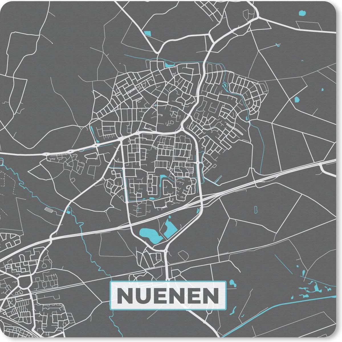 Muismat 20x20 cm - Mousepad Plattegrond - Nuenen - Grijs - Blauw - Muismatten - Stadskaart