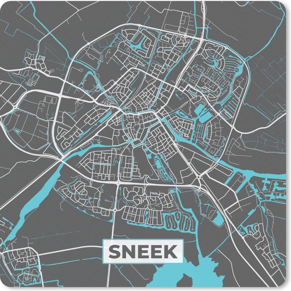Muismat 30x30 cm - Mousepad Plattegrond - Sneek - Grijs - Blauw - Muismatten - Stadskaart