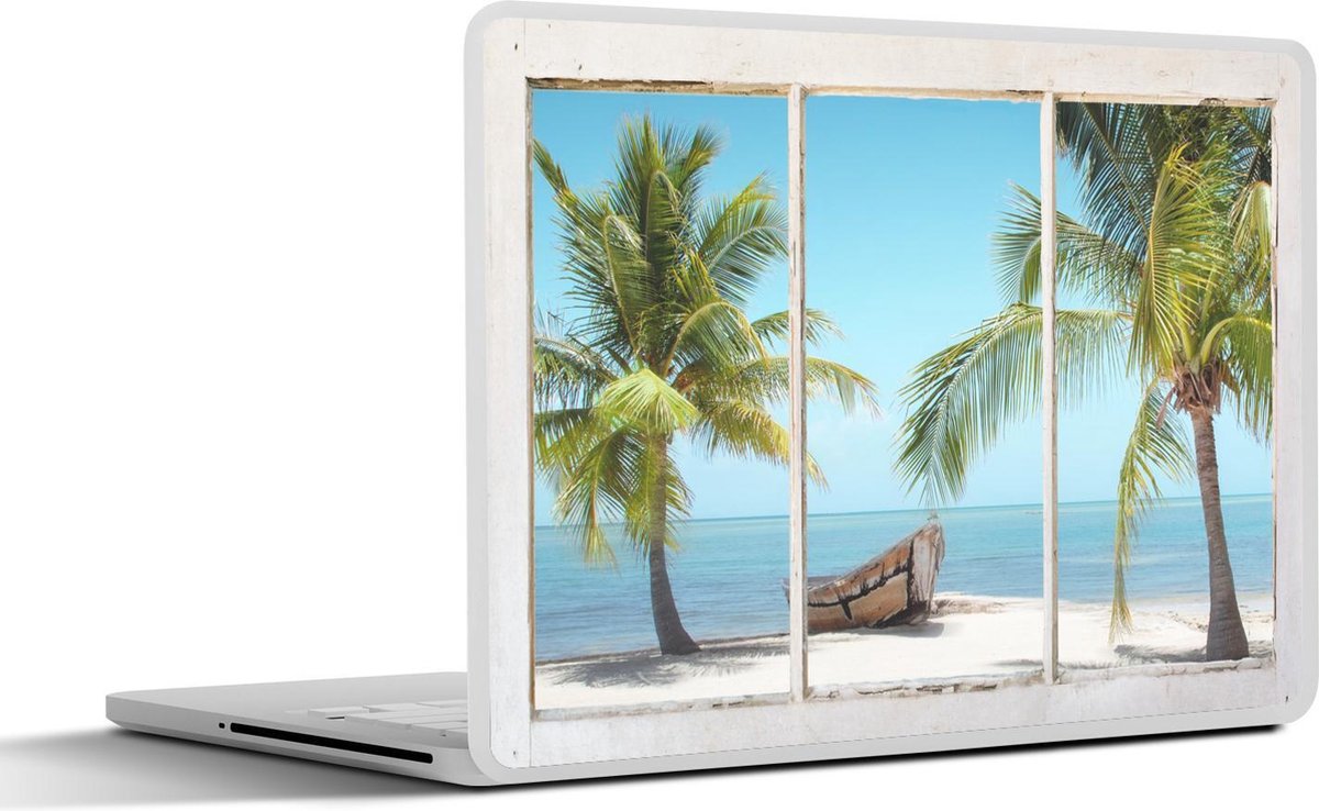 Laptop sticker - 14 inch - Doorkijk - Palmbomen - Strand - 32x5x23x5cm - Laptopstickers - Laptop skin - Cover