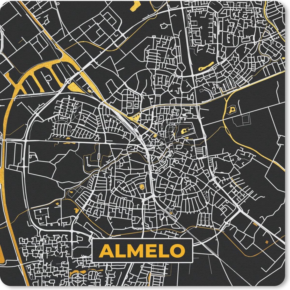 Muismat 30x30 cm - Mousepad Plattegrond - Almelo - Goud - Zwart - Muismatten - Stadskaart