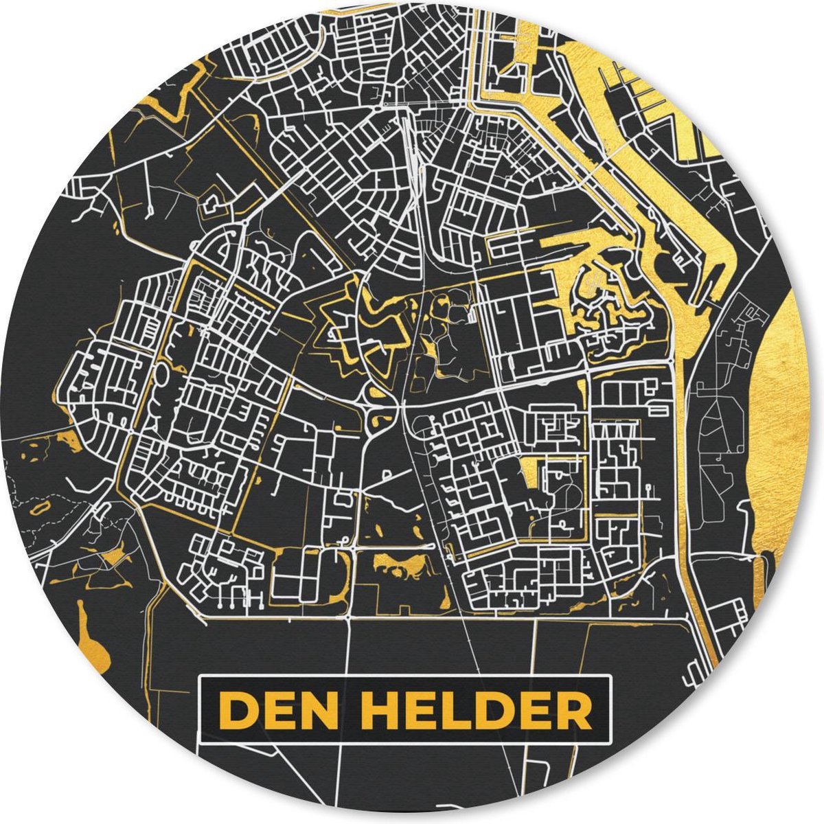 Muismat rond 30x30 cm - Mousepad Kaart - Den Helder - Goud - Zwart - Ronde muismatten
