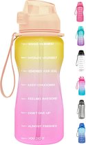 FLOOQ - Waterfles - Motivatie Waterfles - Drinkfles met Tijdsmarketing - Bidon - Sportdrankfles - Grote waterfles - met Rietje - 2 Liter - Goud/Roze