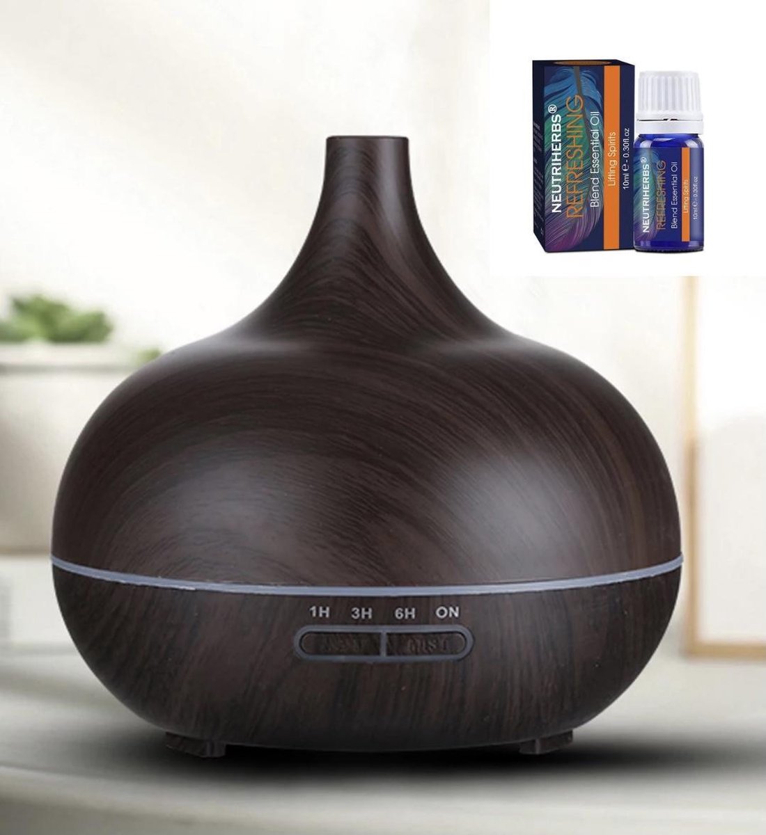 HomeDays Aroma Diffuser 300ml Donker Hout | Olie Vernevelaar voor Aromatherapie met Gratis Etherische Olie (10 ml)