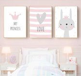 Zody Shop Posterset (3 stuks) Love Prinses - Canvas - 30 x 40 cm ( A3 Formaat ) - Muurdecoratie voor kinderkamer