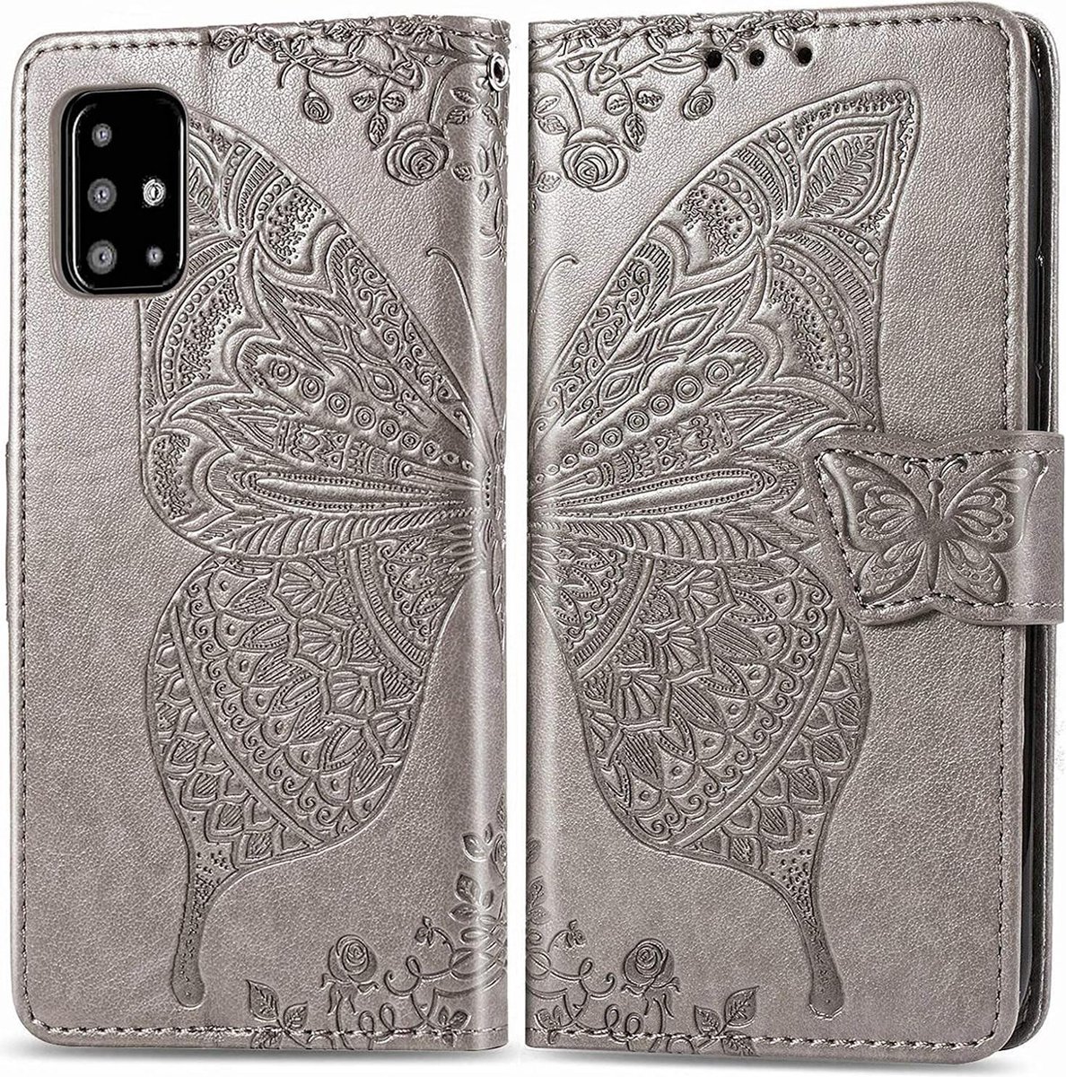 Geschikt voor Samsung Galaxy A71 Bookcase - Grijs - Vlinders - Portemonnee Hoesje