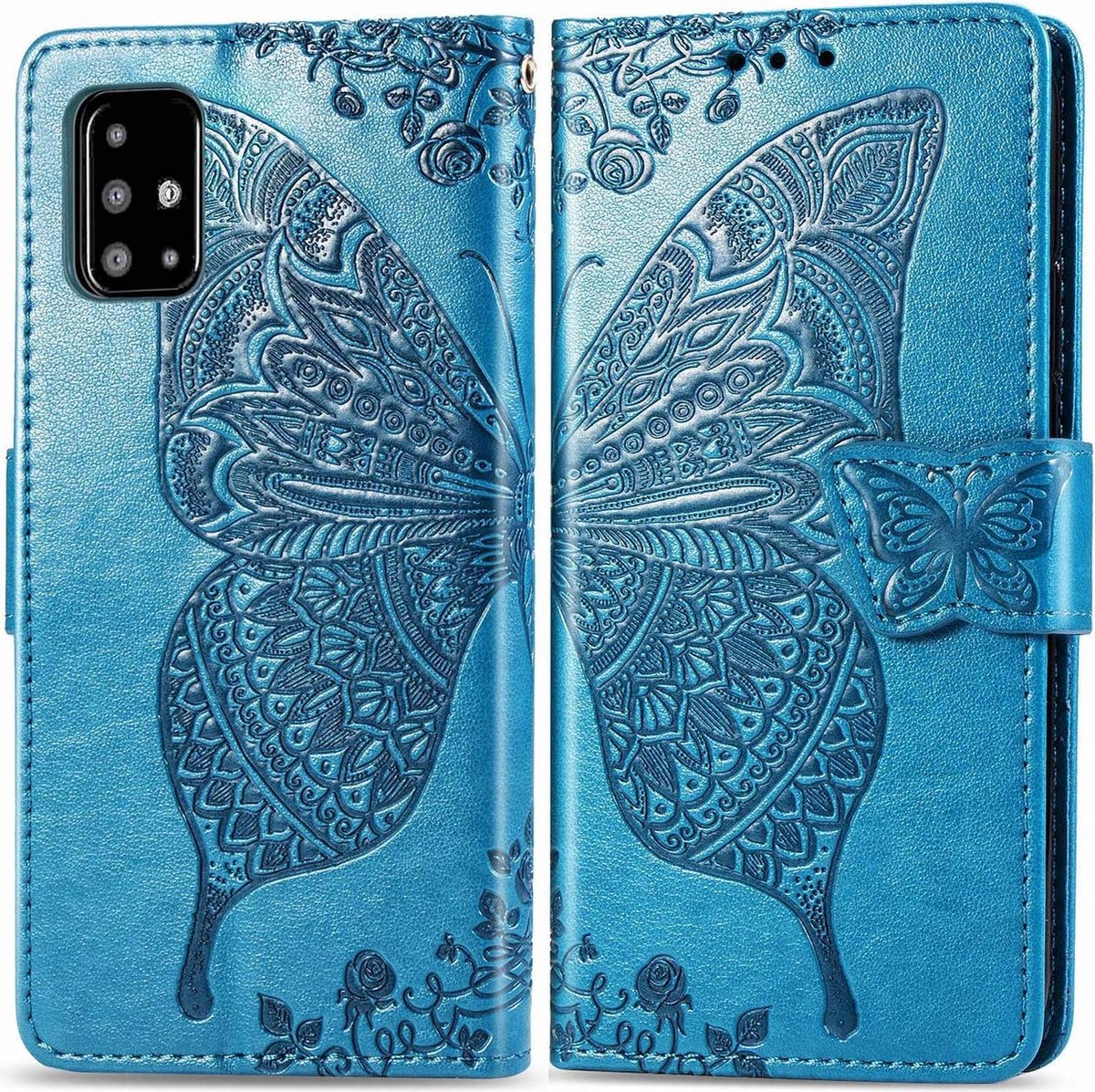 Geschikt voor Samsung Galaxy A71 Bookcase - Blauw - Vlinders - Portemonnee Hoesje