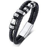 Victorious Leren Armband Heren – RVS Roestvrijstaal Sluiting – Zwart/Zilver – 19cm