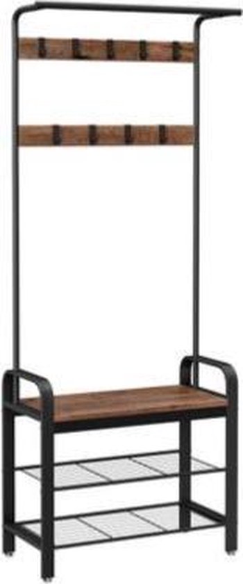 VASAGLE Kapstok, Kapstok, Kledingrek Met 9 Afneembare Haken Schoenenrek Met Zitting 3 Planken Hoogte 183 Cm Metaal Creme Hsr40w