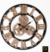 XXL LW Collection 80cm LEVI wandklok industrieel - Houten klok tandwielen / brons / zwart / goud