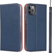 Litchi-textuur Horizontale flip-toplaag koeienhuid lederen tas met houder & kaartsleuven & portemonnee & riem & draadwinder voor iPhone 11 Pro Max (donkerblauw)