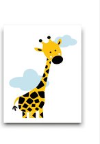 Schilderij  Giraffe met Wolkjes - Kinderkamer - Dieren Schilderij - Babykamer / Kinder Schilderij - Babyshower Cadeau - Muurdecoratie - 40x30cm - FramedCity