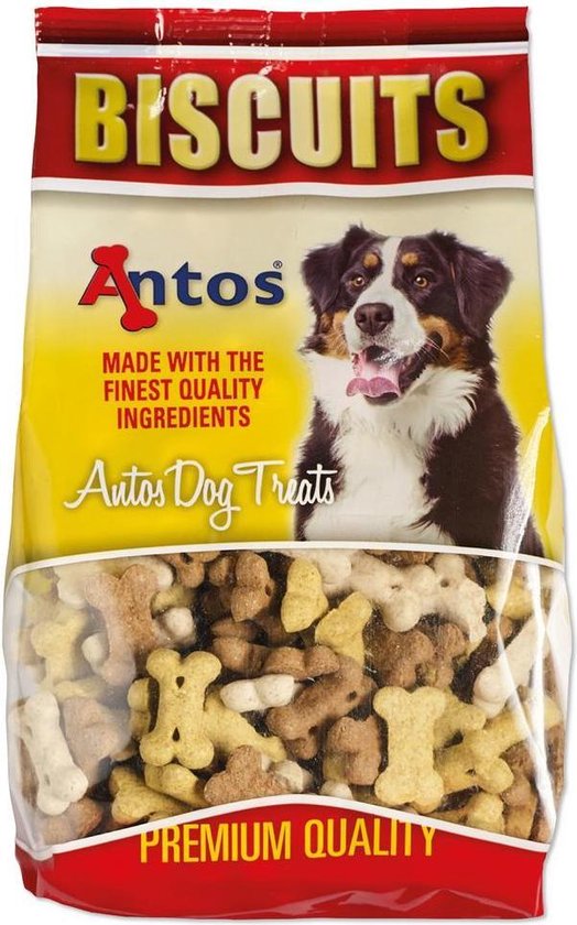 Antos Biscuits: hondenkoekjes in een zak, met afbeelding van een hond, "Gemaakt met de fijnste ingrediënten".
