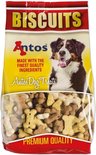Antos Biscuits: hondenkoekjes in een zak, met afbeelding van een hond, "Gemaakt met de fijnste ingrediënten".