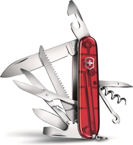 Couteau suisse Victorinox rouge transparent déplié avec lame, scie, ciseaux et décapsuleur.