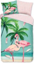 1-persoons meisjes dekbedovertrek (dekbed hoes) “flamingo aan zee” aquablauw met roze flamingo’s en palmbomen op het strand in Bonaire KATOEN  140 x 220 cm (cadeau idee!)