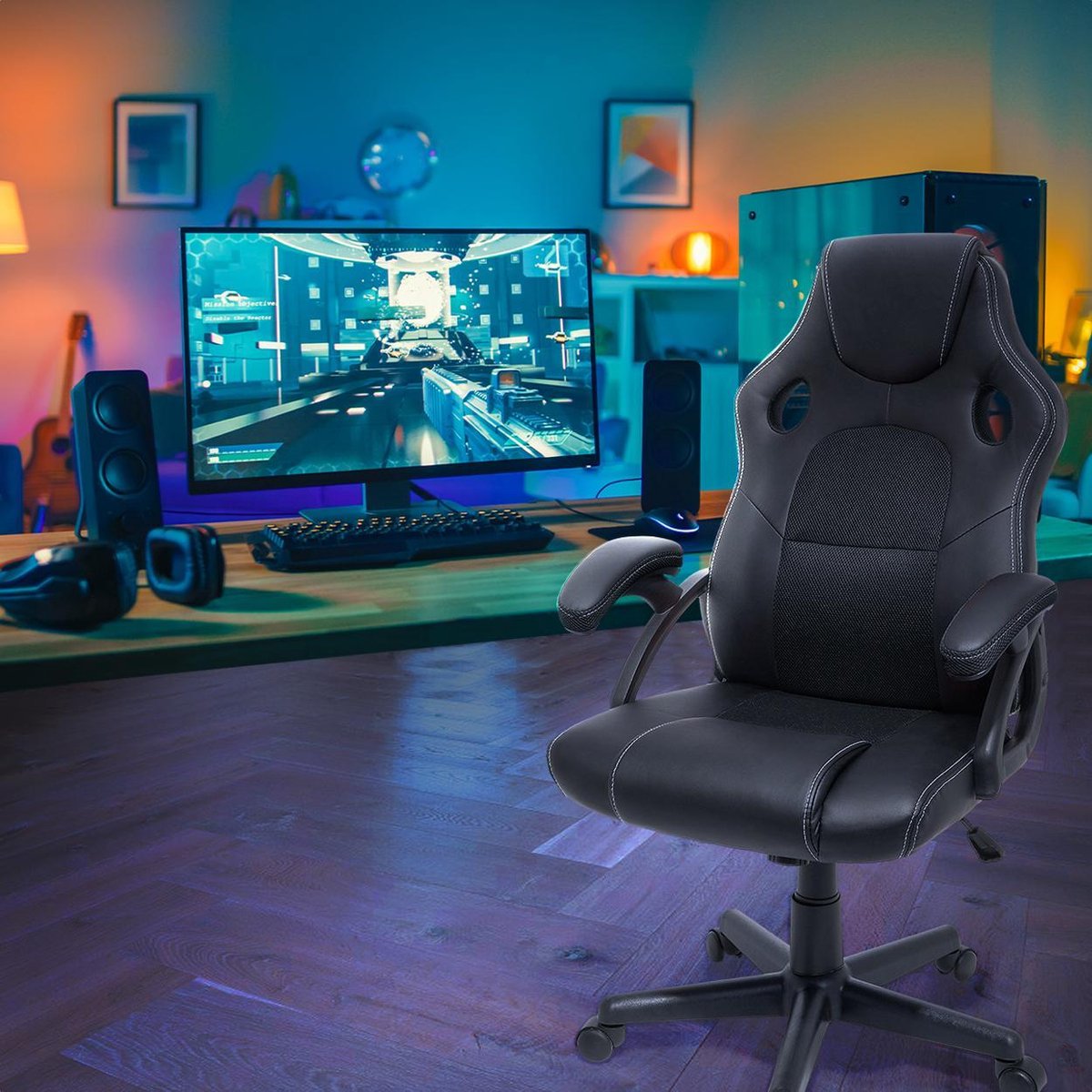 LifeGoods Gaming Stoel - Gamestoel - Verstelbaar in Hoogte - Comfortabele Gaming Chair - Kunstleer - Zwart – foto 7