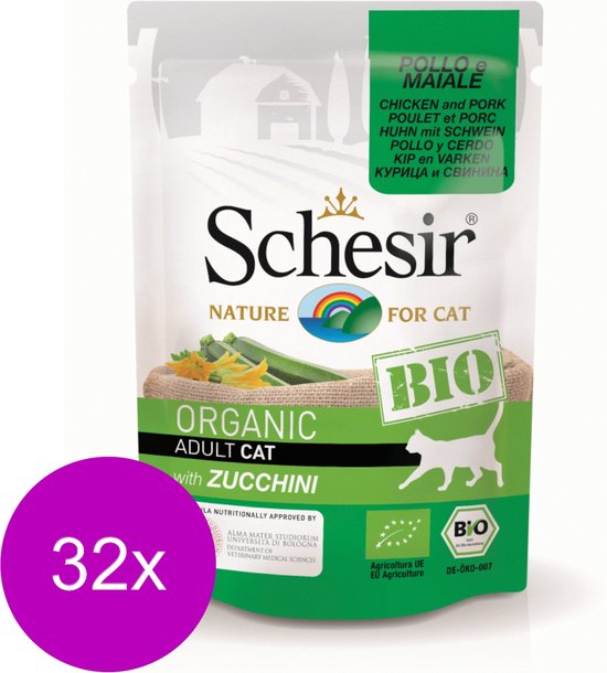 Schesir Kat Bio Pouch 85 g - Kattenvoer - 32 x Kip&Varken&Courgette