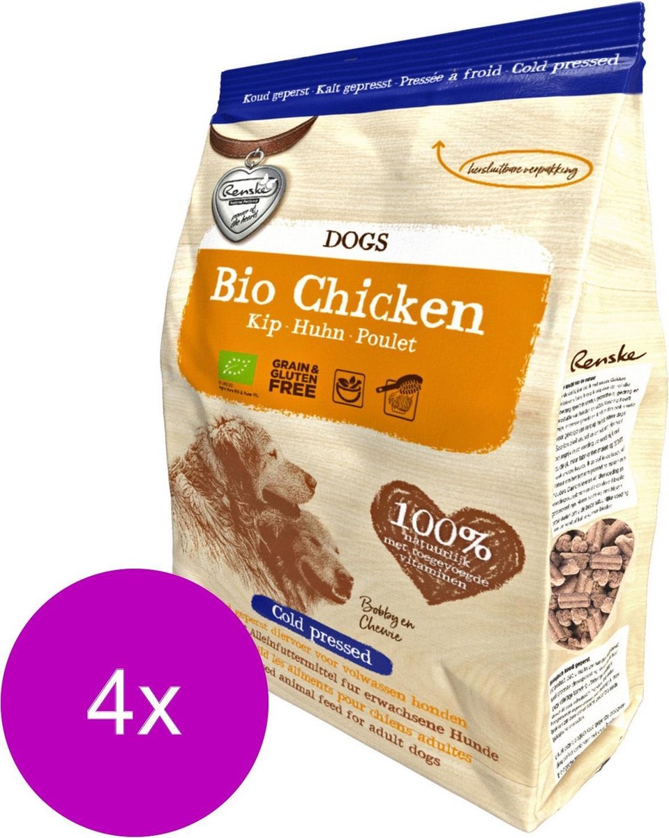 Renske Bio Koudgeperst Kip - Hondenvoer - 4 x 300 g