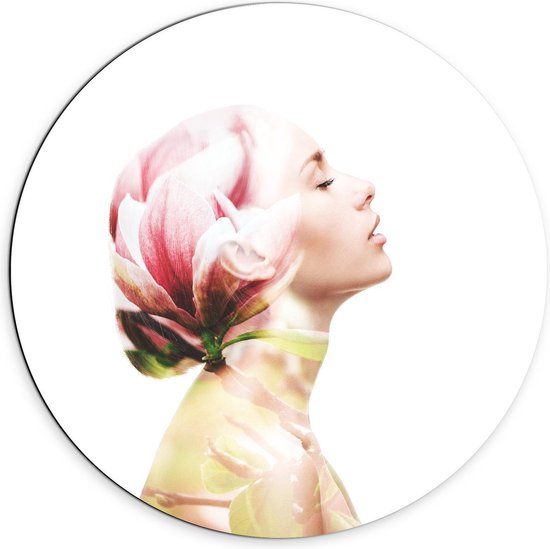 Dibond Wandcirkel - Vrouw met Haar van Roze Bloem - 70x70cm Foto op Aluminium Wandcirkel (met ophangsysteem)