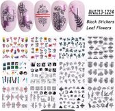 Nagelstickers - NIEUW Nail Art stickers Flowers and Leafs black and color nagel decoratie 12 velletjes - Dino`s Sale