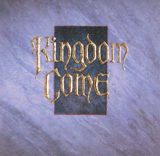 Kingdom Come albumhoes met de tekst "KINGDOM COME" in gouden letters op een blauw paars gestreepte achtergrond.