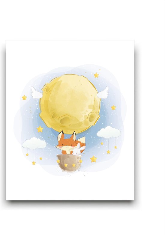 Schilderij  Vos en Konijn in Maan Luchtballon - Kinderkamer - Dieren Schilderij - Babykamer / Kinder Schilderij - Babyshower Cadeau - Muurdecoratie - 40x30cm - FramedCity