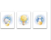 Schilderij  Set 3 Konijn Olifant Sterren Vangen Vosje Maan Luchtballon - Kinderkamer - Dieren Schilderij - Babykamer / Kinder Schilderij - Babyshower Cadeau - Muurdecoratie - 30x20cm - FramedCity