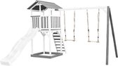 AXI Beach Tower Speeltoestel in Grijs/Wit - Speeltoren met Zandbak, Dubbele Schommel en Witte Glijbaan - FSC hout - Speelhuis op palen voor de tuin