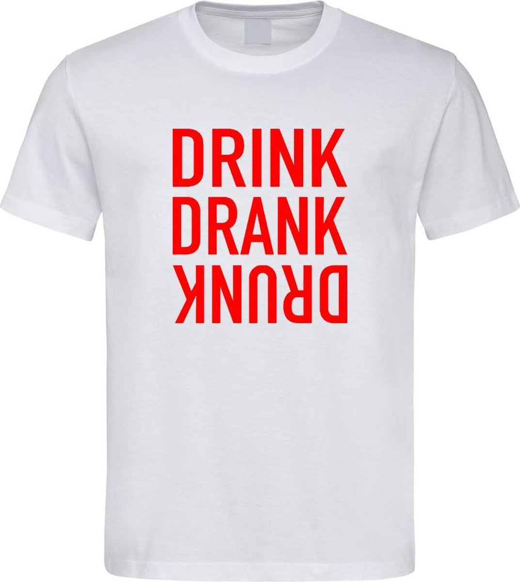 Wit Fun T-Shirt met “ Drink. Drank, Drunk “ print Rood Size L