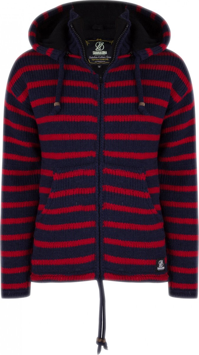 Gebreid Wollen Heren/Uni Vest van Schapenwol met Polyester Fleece voering en afneembare capuchon SHAKALOHA M Split Ziphood Navyred