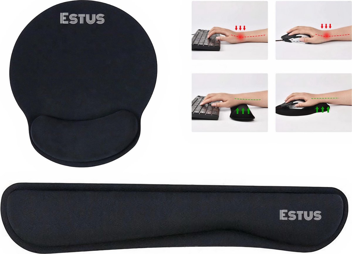 Estus Muismat met polssteun - Polssteun toetsenbord - Polssteun - Ergonomische muismat - Muismat ergonomisch - Antislip - Zwart