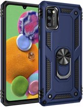 Stevige Magnetische Anti shock ring Geschikt voor Samsung Galaxy A41 back cover case- schokbestendig-TPU met stand – Blauw + Gratis screenprotector