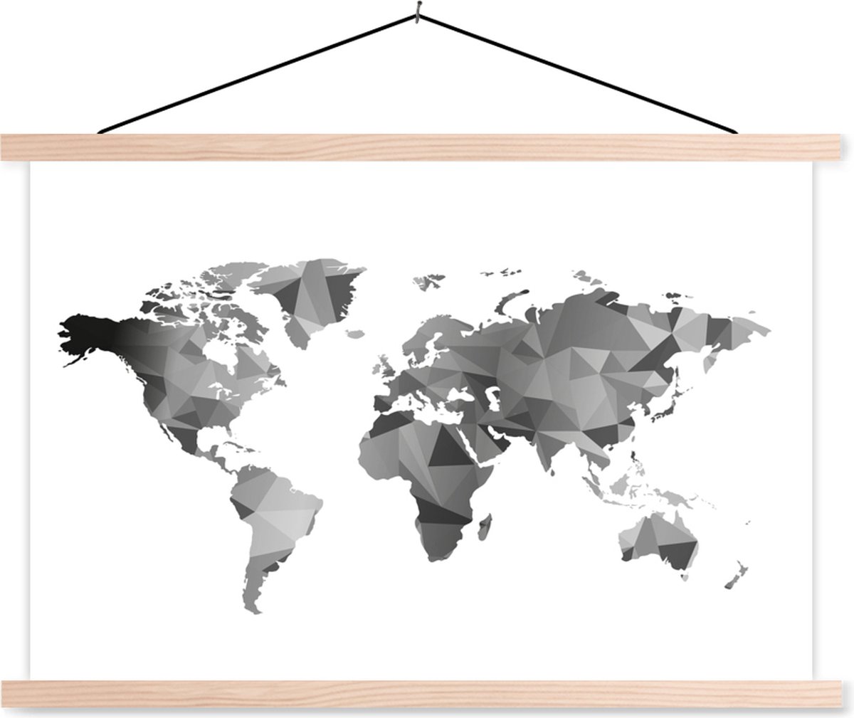 Wereldkaart zwart - grijs - wit - schoolplaat platte latten blank 150x100 cm - Foto print op textielposter (wanddecoratie woonkamer/slaapkamer)