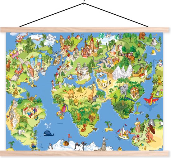Carte du monde détaillée pour enfants avec des animaux de dessin animé, des véhicules et des bâtiments sur fond bleu.