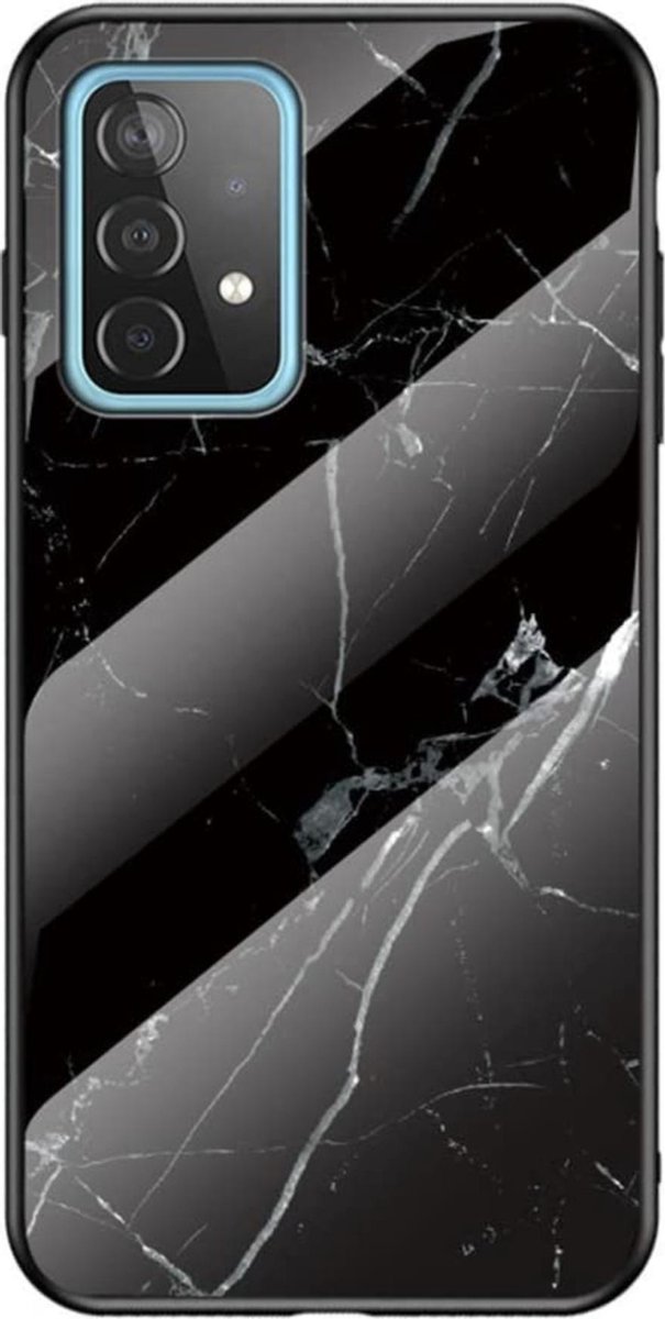 Geschikt voor Samsung Galaxy A52 Backcover - Zwart - Marmer - Gehard Glas