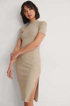 NA-KD Ribbed Slit Detail Vrouwen Jurk - Beige Melange - Maat L