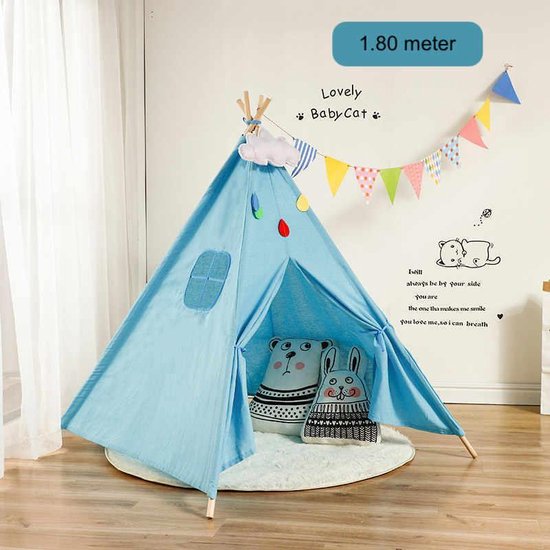Tipi Tent Kinderen - Groot 180 cm - Blauw - Wigwam Speeltent - Opvouwbaar en Draagbaar - Kinderkamer Decoratie - Vida Jardín